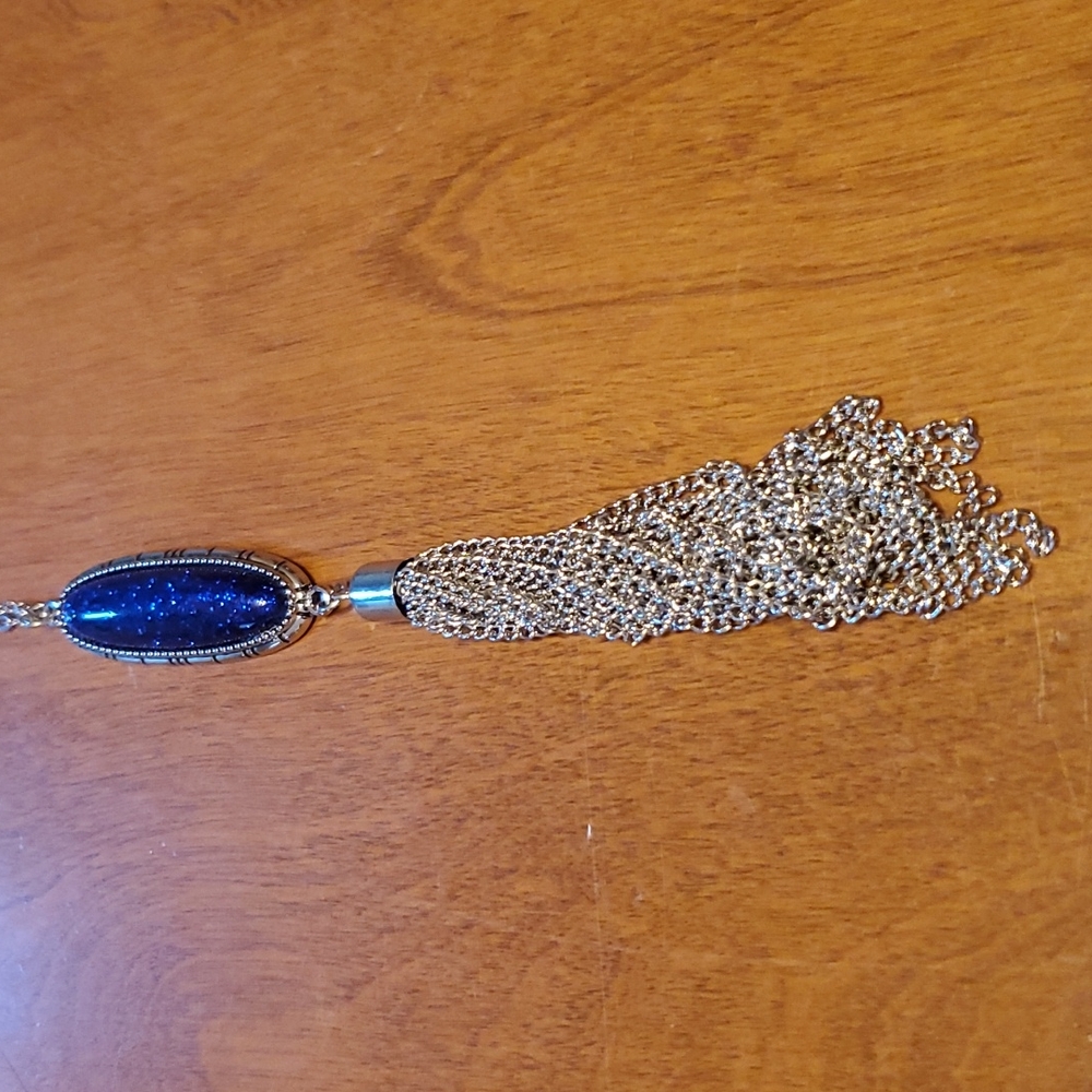 Paparazzi NWT long silver necklace w/ blue glitter gemstone & chain earrings.
